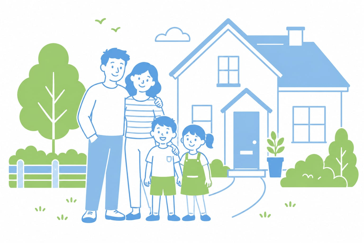 Illustrated family standing outside their home